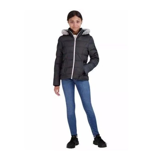NWT SAGE Collective Youth Girls Faux Fur Hooded Puffer Jacket Coat Black Size L - Picture 2 of 10